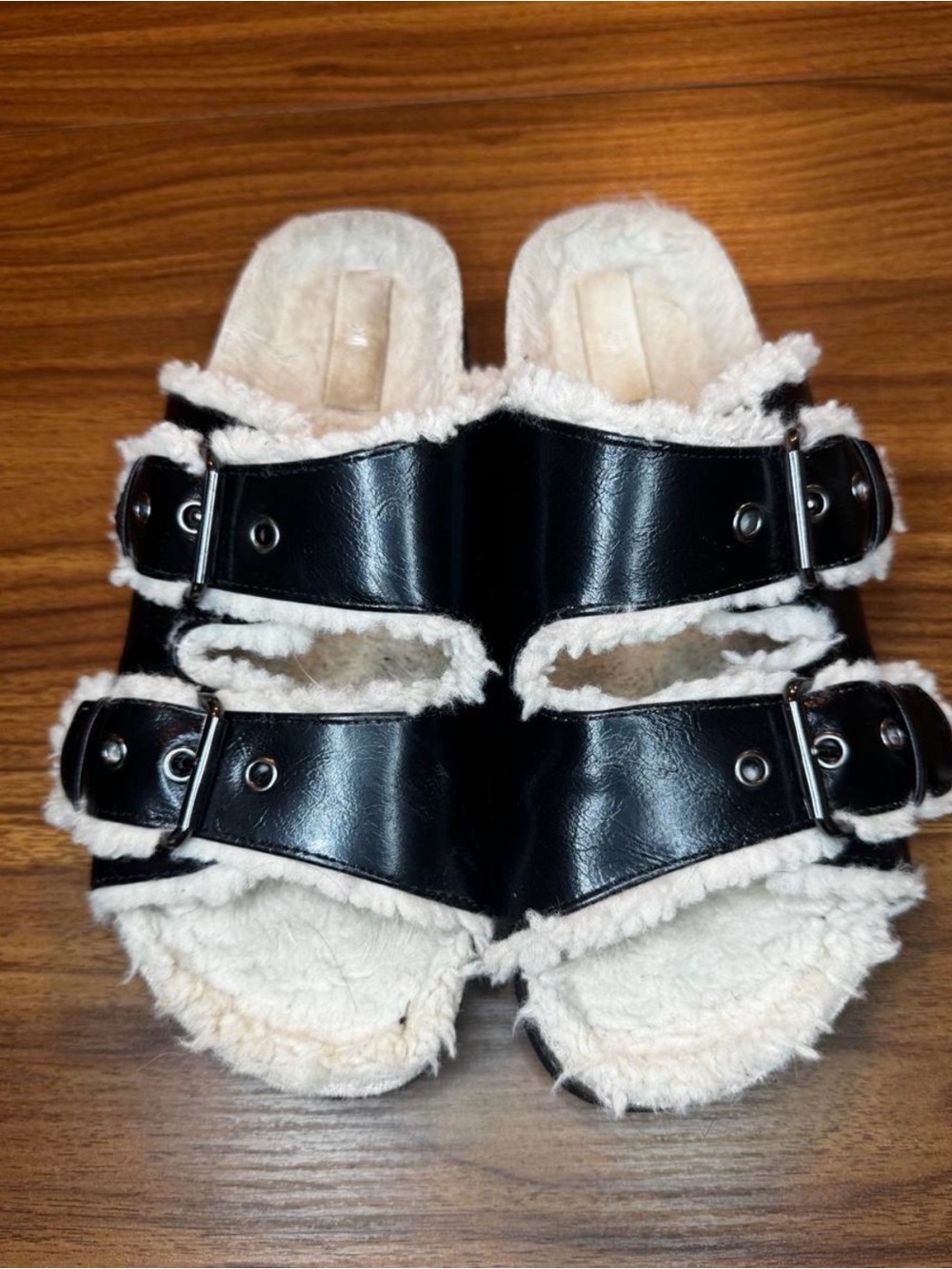 H&M Black Slides with Cream Faux Shearling Trim